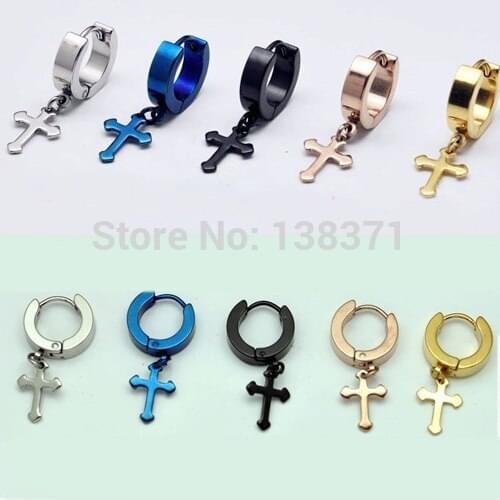 12.4mm Cross titanium steel Punk Men ear clip Drop Dangle Earrings free shipping 5 Colors ear buckle