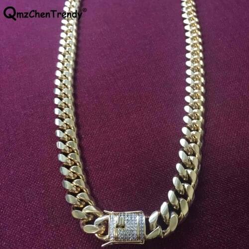 10MM 14MM Men Cuban Miami Link CZ Necklace Stainless Steel Rhinestone Lock Clasp Iced Out Hip hop Gold Chain Necklace