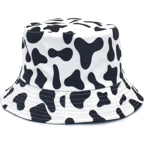 Unisex Harajuku Panama hat cow pattern basin hat summer men women black and white double-sided fisherman hat foldable sun hat