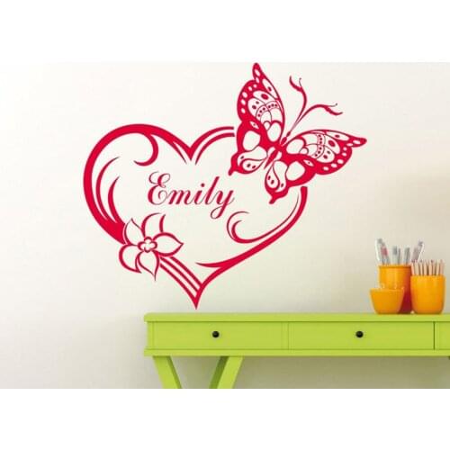 Personalized Girl Name Wall Decal Nursery Love Heart Butterfly Flowers Custom Names Vinyl Wall Stickers for Kids Room G688