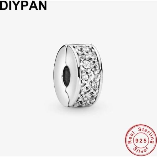 Fit Original Pandora Bracelet Charms 925 Sterling Silver Clear Pave Clip Charm Bead DIY Jewelry Berloque