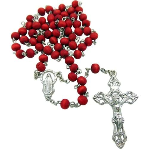 QIGO Red Wood Rosary Necklace Metal Cross Pendant Religious Pray Strand Jewelry
