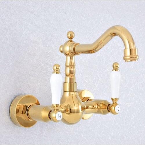 Luxury Gold Bathroom Kitchen Faucet Wall Mounted Mixer Tap 360 Swivel Spout Sink Basin Mixer Tap