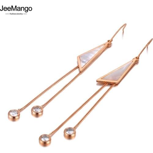 JeeMango Titanium Stainless Steel CZ Crystal Geometry Tassel Earrings Rose Gold Fashion Shell Party Earrings For Women JE20198