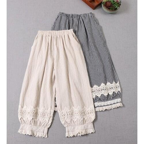 Japan Style Mori Girl Cotton and linen Plaid Bloomers New Spring Summer Loose Lace Casual Cropped Pants