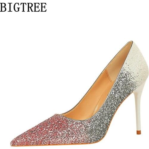 Bigtree Luxury Brand Shoes For Women Heels 2021 Bling Pumps Black High Heels Wedding Shoes For Women Tacones Learth Chaussures