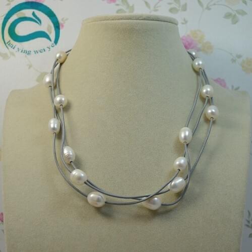 Real Leather Pearl Necklace Natural White Color 3rows AA 10-11MM Freshwater Pearl Gray Leather Necklace Woman Fine Jewelry