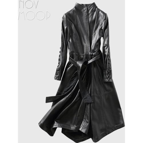 Novmoop Korean fashion style women winter spring black long belt overcoat sheepskin genuine leather long jacket pardessus LT3005