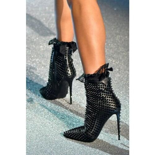 Runway Fashion Woman Black Rivets Ankle Lacework Short Boots Stiletto Heel Ankle Boots Woman Patchwork Pointed Toe Socks Booties