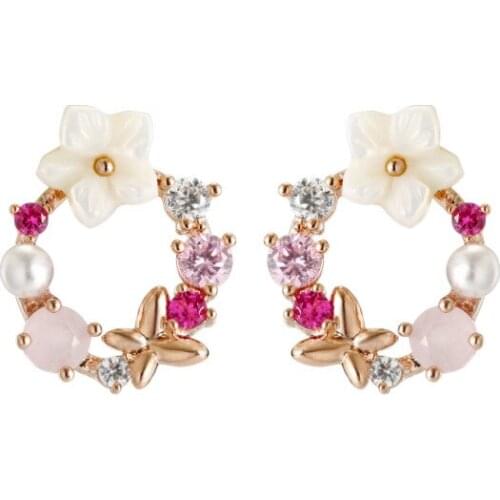 Women Romantic Flowers Earrings Zircon Pearls Fashion Stud Earrings Female Charm Earrings Jewelry Brincos Accessories Gift