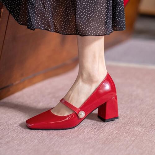 US4-14 Retro Womens Pumps Patent Leather High Heel Pearls High Heel Low Top Shoes Square Toe 3Colors Luxury Plus Size New 2021