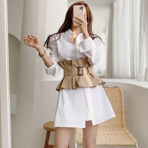 2021 New Summer Casual Two Pieces Set Women Korea White Long Sleeve Shirt Dresses + Khaki Pleated Slim Belt Suits Outfits