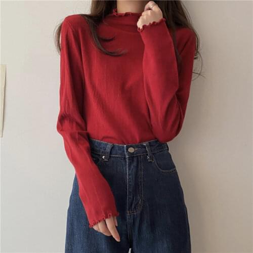 Womens Knitted Pullover Slim Half High Collar Ruched Slim Solid Color Inner Top Wholesale Autumn New Fashion Female Clothing
