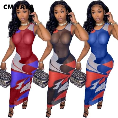CM.YAYA 2021 Summer Women Long Maxi Dress Print Party Beach Elegant Street Bandage Sleeveless Dresses Vestidos