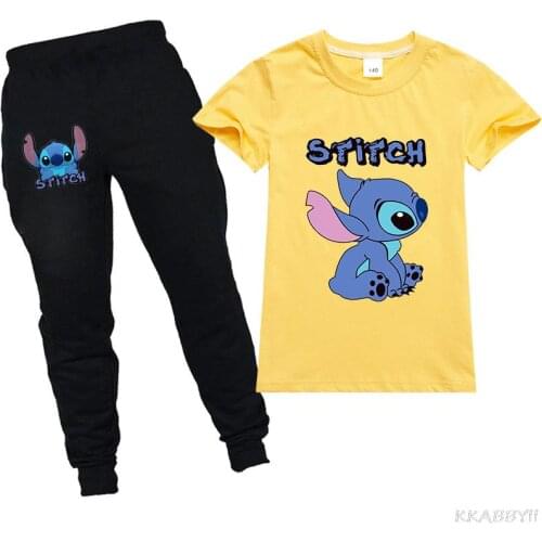 Disney Stitch 2-15 Years Children Clothing T-shirt + Pants tracksuit Boys girls set Kid Cartoon Outfits Summer Suits