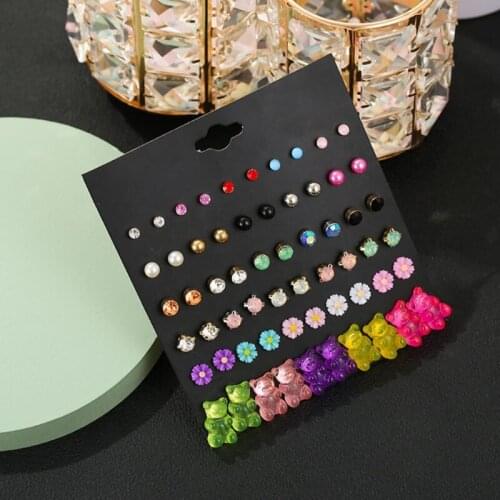 30 Pairs Colorful Cute Bear Flower Crystals Stud Earrings Set for Little Girls Kids White Pearl Ball CZ Studs Jewelry