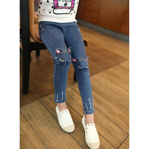 Spring autumn stereo cat jeans for girls kids ripped jeans fashion jeans for teenagers girl denim jeans 2-13years