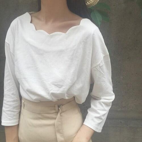 Wave collar pure color cotton T-shirt female students college style loose Korean primer shirt Tops & Tees