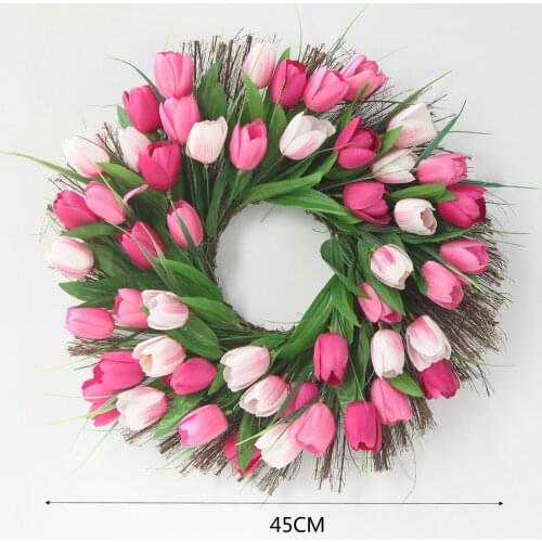 45CM Artificial Pink Tulip Wreath Fake Flower Garland Natural Rattan High Quality Floral Wreath for Front Door Window Wedding