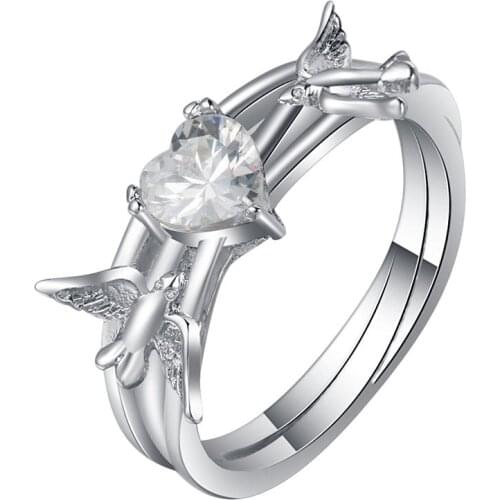 Exquisite Silver Color Heart Shape Zircon Anniversary Ring Peace Dove Rings Cocktail Party Womens Rings Fine Jewelry Gifts