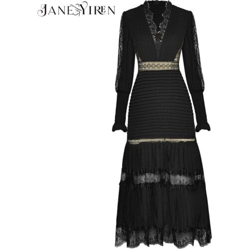 Jianyiren Fashion Designer dress Spring Womens Dress V-neck Lace Lantern Sleeve Ruched Slim Elegant Dresses