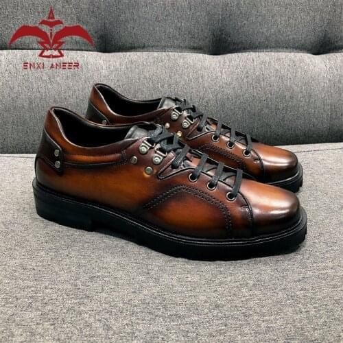 ENXI ANEER Genuine Leather Shoes Men Casual Shoes Sneakers Lace Shoes Orange/Brown Color Patina