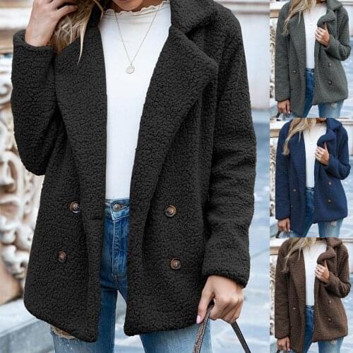 Autumn Winter Women Coat Faux Fleece Long Sleeve Lapel Jacket Buttons Warm Loose Elegant Casual Warm Female Outwear женское