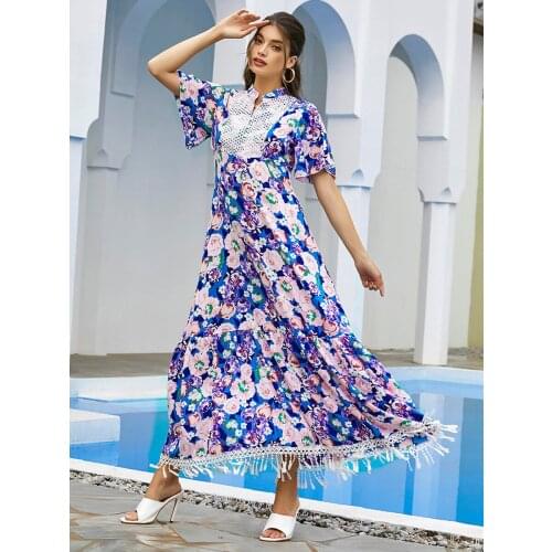 Summer Boho Muslim Women Dress Women O Neck Short Sleeve Ankle Length Print Floral Slim Tassel Office Lady Casual Elegant Abaya