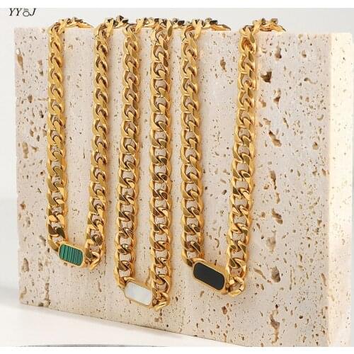 Chunky curb chain gemstone necklaces for women stainless steel White shell green peacock stone black shell gold chain necklace
