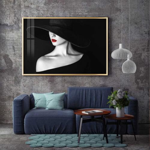 Fashion Women Wall Art Poster Black Hat Sexy Red Lip Canvas Painting Modern Black White Picture For Living Room Home Decor