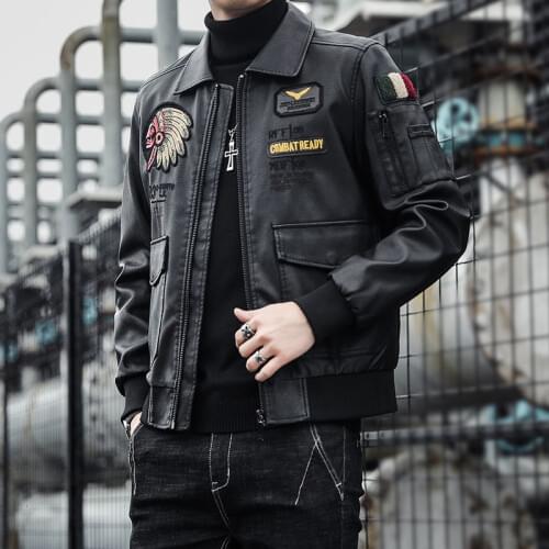 Men Biker Jacket Coat Autumn Winter Embroidery Design Tide Casual Sports Motorcycle PU Faux Leather Aviator Male Clothes Hiphop