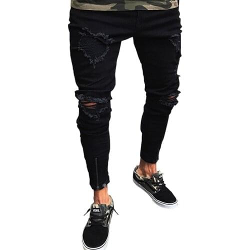 New Men Shredded Hole Jeans Man Skinny Pants Knee Ripped Hole Destroyed Distressed Pencil Pants Stretchy Jeans Trousers