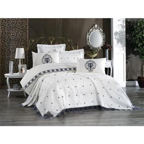 French Laced Embroidered Valencia Set Gray Navy Blue 4 Seasons Made in Turkey Queen Size 200x220 7 Piece European Style