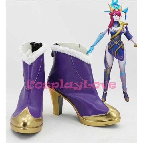 Newest Custom Made American Game LOL Purple High Heel Cosplay Shoes Long Boots For Christmas Halloween Festival CosplayLove