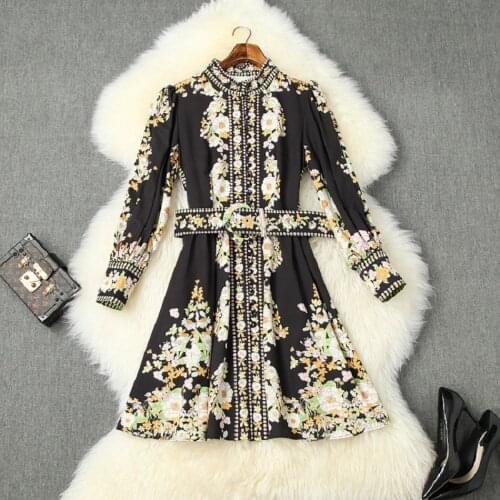 New Superior 2021 quality Long sleeves dress Women ladies Mini sexy shirt Flower Party Dress Printed court style dresses Belt