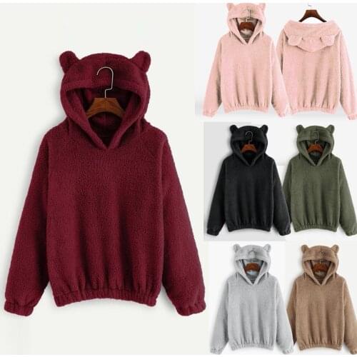 Autumn Winter Thick Warm Coat Velvet Cashmere Women Hoody Sweatshirt Long Sleeve Fleece Warm Bear Shape Fuzzy Hoodie Pullover