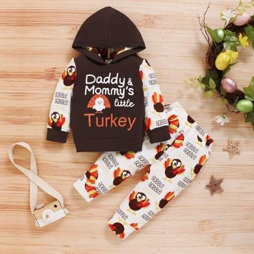 0-3Y Thanksgiving Day Newborn Baby Boys Girls Clothes Sets 2pcs Turkey Cartoon Printed Hooded Tops Pants