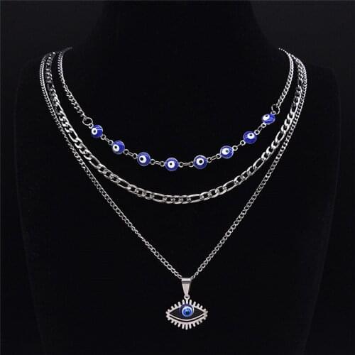3PCS Islam Turkey Eye Stainless Steel Layer Necklaces Women Blue Statement Necklace Jewelry collar acero inoxidable N1805S04