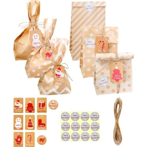 10pcs Christmas Gift Bag Retro Kraft Paper Packaging Bag Creative DIY Holiday Party Candy Biscuit Bag