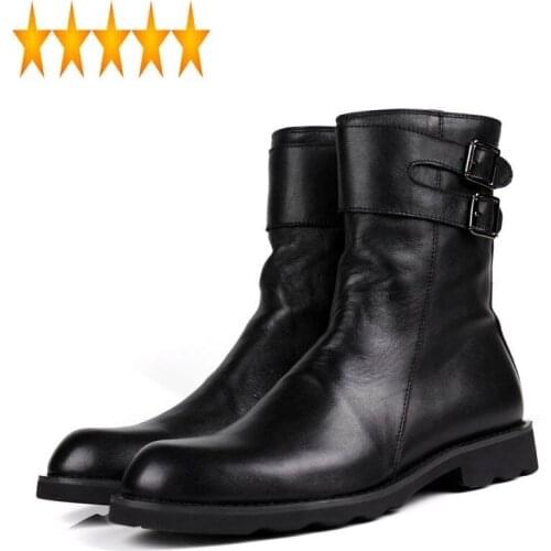 Punk Personality Buckle Design Mens Motorcycle Luxury Genuine Leather Flats Shoes Male High Top Casual Zip Boots