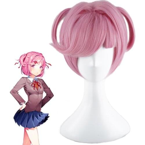 Game DDLC Doki Doki Literature Club Natsuki Pink Short Wig Cosplay Costume Women Heat Resistant Synthetic Hair Party Wigs