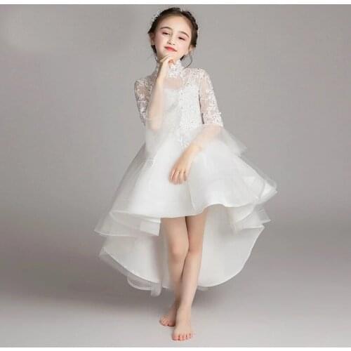 High Collar Flower Girl Dress White Long Sleeves Kids Evening Gowns High Low Wedding Party Dress for Girl Kids