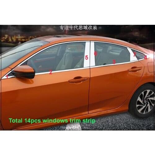 Higher star stainless steel 14pcs window trip strip(4pcs lower+4pcs triangle+6pcs gatepost)for Honda CIVIC 2016