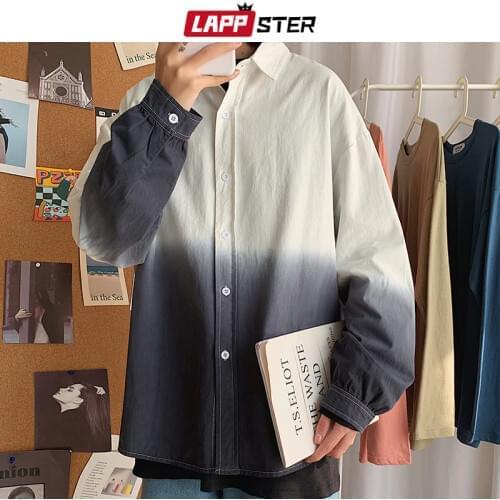 LAPPSTER Men Tie Dye Harajuku Shirt Long Sleeve 2021 Autumn Oversized Button Up White Shirt Streetwear Fashions Vintage Shirt