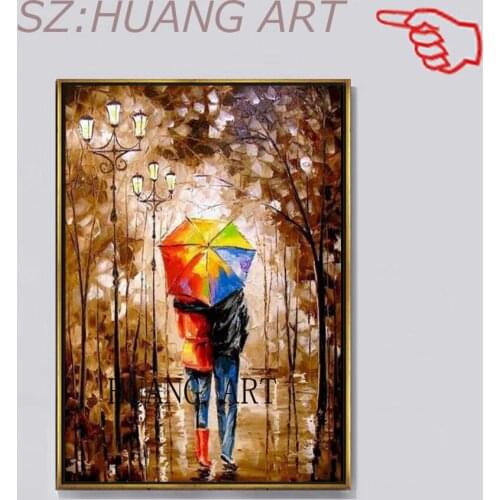 Handpainted Modern Canvas painting Lady Walking Hang Painting In The rain Oil Painting Knife Landscape oil painting Wall Decor