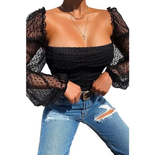 Sexy Elegant Lace See Through Puff Sleeve Short Top Women Long Sleeve Square Collar Slim Club Holiday Fashion Casual Crop Top