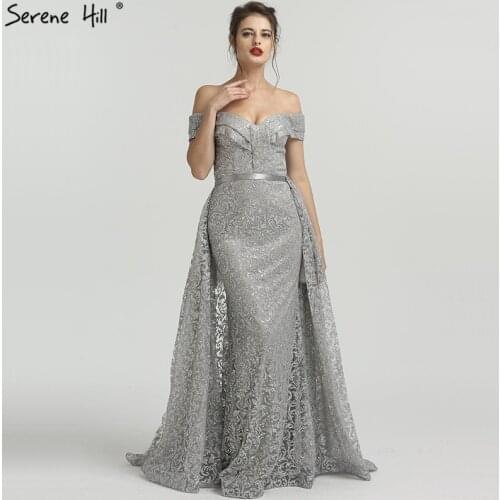 Grey Boat Neck Glitter Removable Train Evening Dresses Off Shouler Sexy A-Line Vintage Evening Gowns 2020 New LA6532