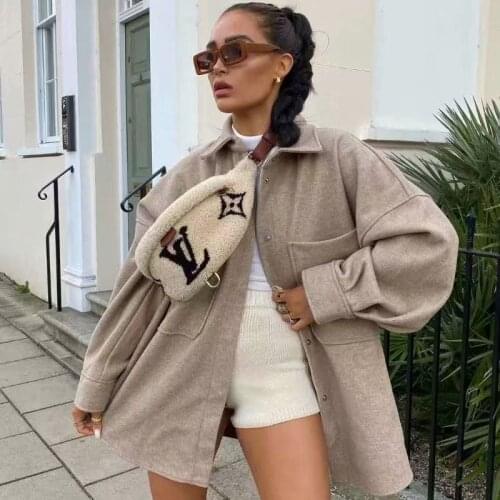 2021 beige loose pocket decoration woolen shirt jacket fashion simple ladies autumn long sleeve thick coat womens long coat
