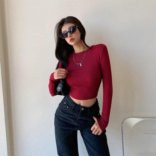 Hstar 2021 Spring Women Solid Long Sleeve O-neck Crop Top Famela Vintage Tops Korean Blusas Mujer Lady Slim Short Shirts