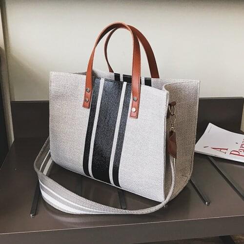Large-Capacity Canvas Striped Women Shoulder Bags Wide Shoulder Strap Tote Handbags Portable Messenger Bag Business Briefcase